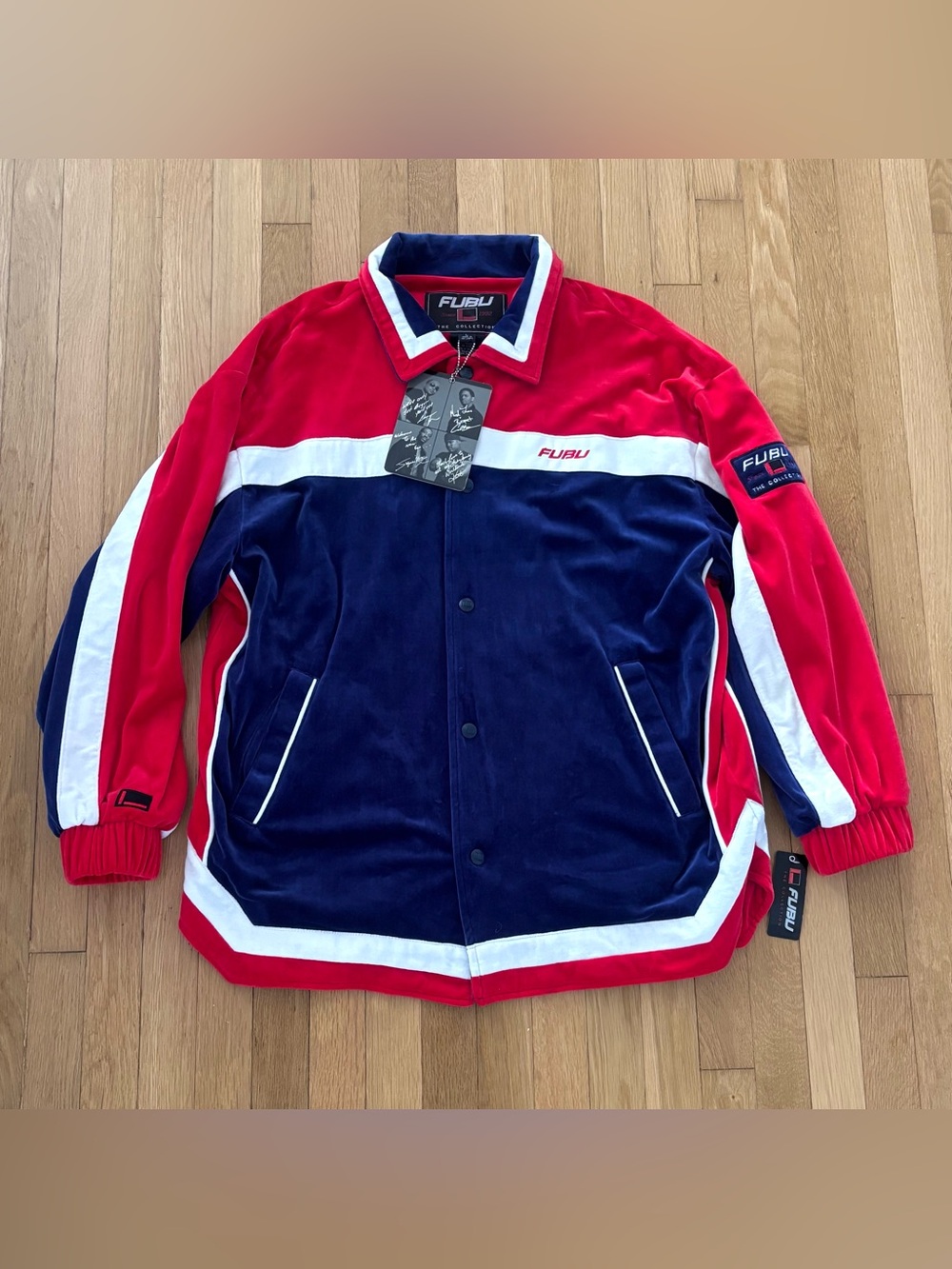 Vintage FUBU Velour Jacket Deadstock NWT Mens L Red Blue 1997 Hip Hop Track Suit